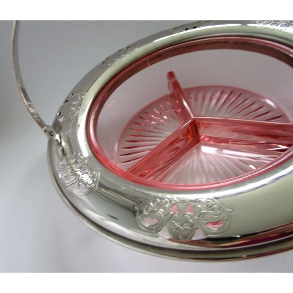 VTG Pink Depression GLASS Divided DISH W/HANDLE Candy/NUT FARBERWARE Silver Rim - Picture 2 of 16